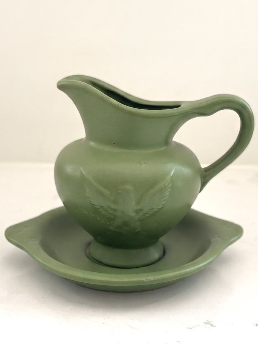 1950s Hull Pottery F91 F92 Green Pitcher & Drip Plate Eagle Embossed USA 5.75"